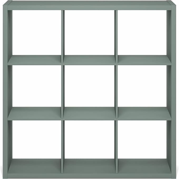 Furinno Cubicle Book Shelf, 9-Cube Bookshelf, Extra Thick Frame Reversible Bookcase with Open Back, 14.6" x 44" x 44", for Living Room, Bedroom, Home Office, Sage Green