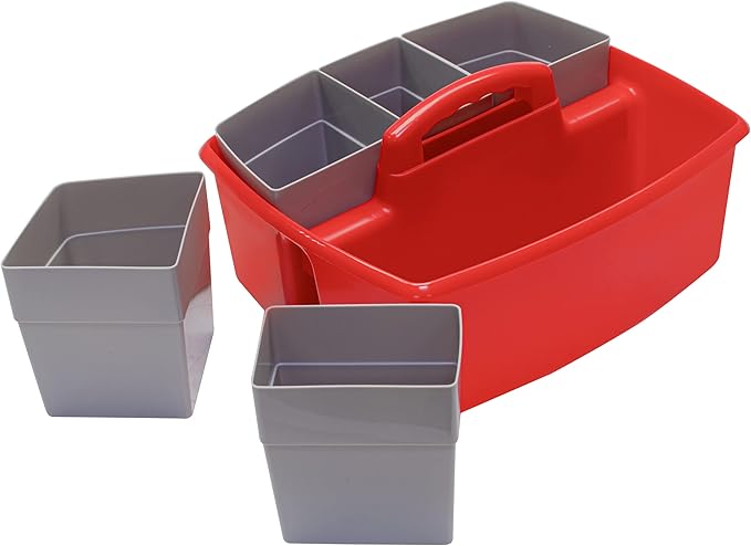Storex Large Classroom Caddy with Cups, 13 x 11 x 6.575 Inches, Red, Case of 2 (00981U02C) (Pack of 2)