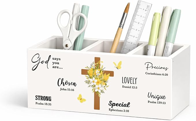 Christian Faith Wooden Desk Organizer | Inspirational Bible Verse Pen Pencil Holder, 3-Compartment Office Supply Storage Box for Desk, Home Office