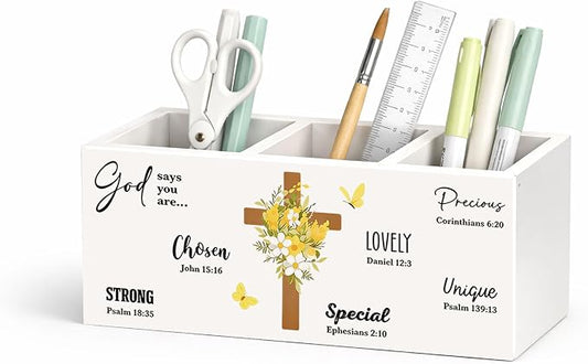 Christian Faith Wooden Desk Organizer | Inspirational Bible Verse Pen Pencil Holder, 3-Compartment Office Supply Storage Box for Desk, Home Office