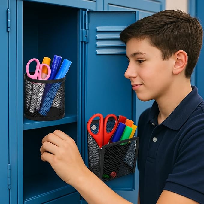 Dranup Back to School Magnetic Locker & Fridge Organizer Set - 2 Metal Pen Holders, 1 Iron Clip, 3 Magnetic Flower Decorations | Dorm Room & Kitchen Organization