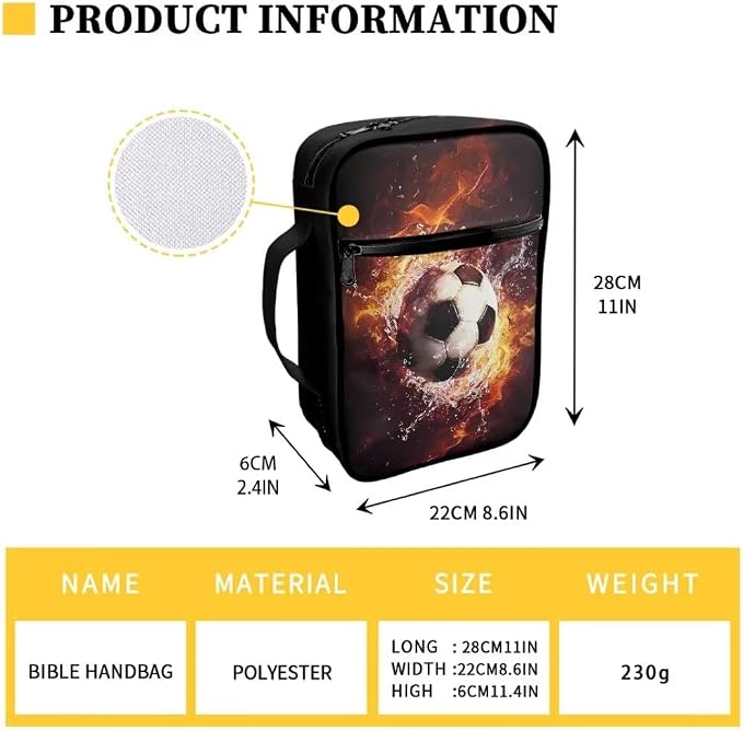 Coldinair Fire Soccer Large Bible Cover with Handle and Bookmark Bible Carrying Book Case for Kids Teen Nylon Church Bag Bible Protective for Men,Flame Water Standard Large Size Bible Covers
