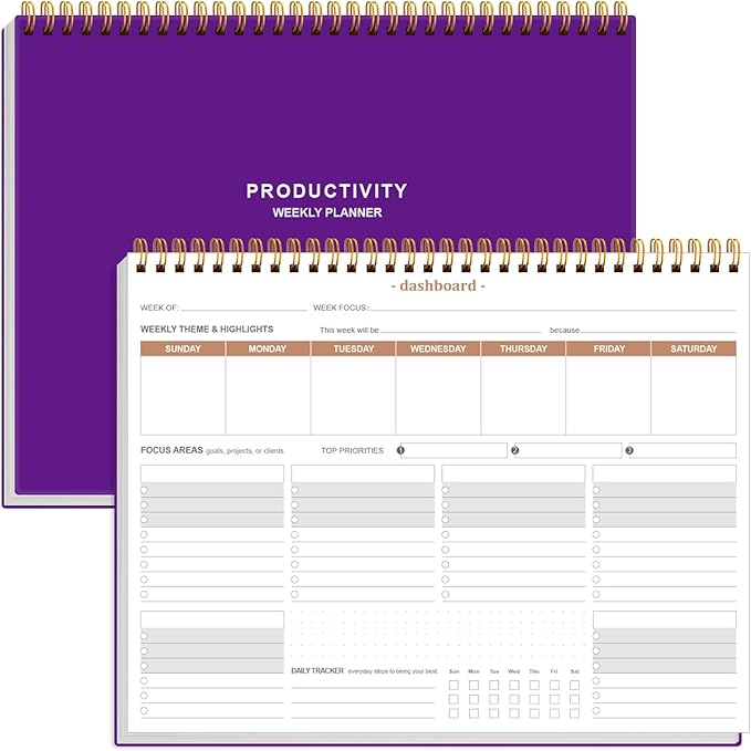Weekly Productivity Planner - 8.5" x 11" Dashboard Desk Notepad Has 6 Focus Areas to List Tasks for Goals, Projects, Clients, Academic or Meal-Organize Your Daily Work Efficiently, 54 Weeks, Purple