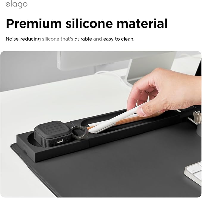elago Smart Magnetic Desk Mat Pencil Tray – Soft Silicone Organizer for Office Supplies, AirPods, Glasses, Pens – Noise-Free, Non-Slip, Washable, Item for Desk Management [Medium-Small Set] (Black)