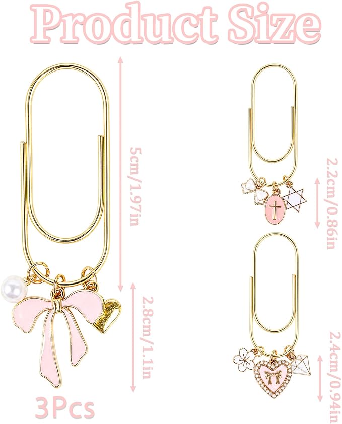 Wxiben Bow Paper Clip Bookmark - 3 Pcs Cross Metal Paperclip Book Mark with Charms Page Marker Planner Decorative Paper Clips Gifts for Notebook Women Reading Book Lover School Accessories