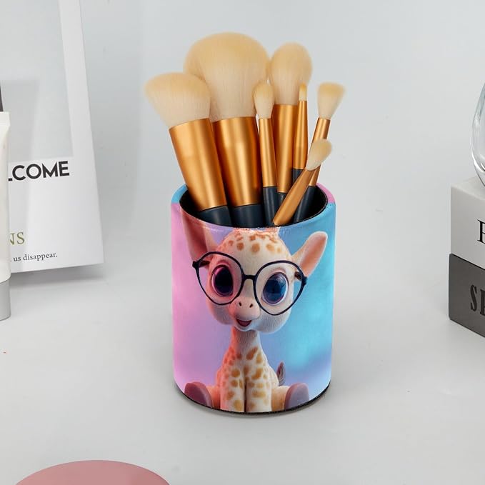 Leather Pen Holder for Desk, Cartoon Giraffe Makeup Brushes Holder Pencil Cup Multifunctional Desktop Organizer Caddy for Home School Office Desk Accessories