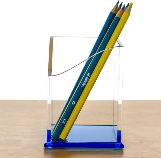 Blue Acrylic Pencil Pen Holder Cup, Desk Accessories Holder,Makeup Brush Storage Organizer, Modern Design Desktop Stationery Organizer for Office School Home Supplies, 3.1x 3.1x 4.3 inch