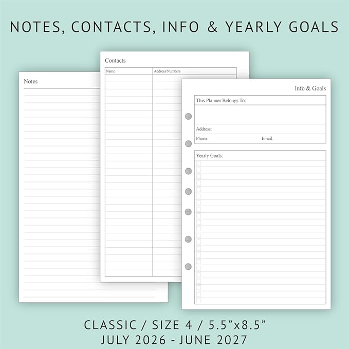 newestor 2026-2027 Planner Refill for Mini Binder, Weekly & Monthly, July 2026 - June 2027, 5-1/2" x 8-1/2", Desk Size 4, 7 Holes