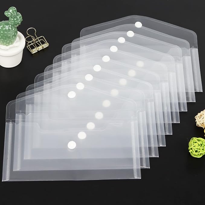 Plastic Envelopes 10 Pack Clear Document Folders，Plastic Envelopes with Snap Closure, Poly Folder File Folder for School Home Work Office Organization (4.13x7.87inch)