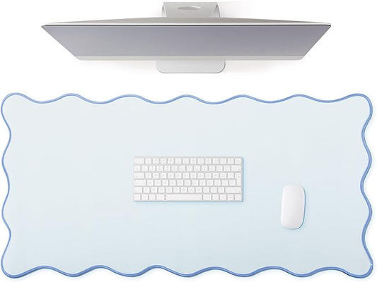Hahafelt Scalloped Desk Mat Large Desk Pad Cute Coquette Table Mat Back to School Preppy Table Make up Pad Nonslip Graduation Gift with Stitching Waterproof Gaming(Blue,36 x 17 Inches)