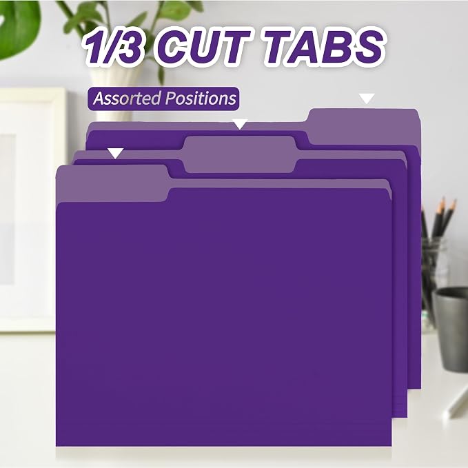 VZCPYTPM 150 Pack Purple File Folders,Letter Size (8.5x11 in),1/3-Cut Tabs in Assorted Positions,Cardstock Paper Folders for Office,School & Home Filing Cabinet Organization, Bulk Document Folders