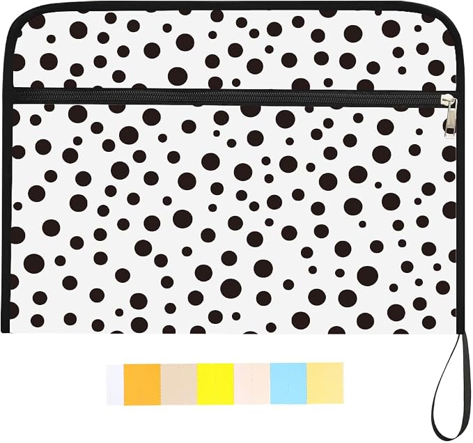WEBEEDY 13 Pockets Polka Dots Expanding File Folder Black White Accordion File Organizer with Labels and Zipper, Portable Expandable Files Folder Organiser for A4 Paper Document Photo Receipt