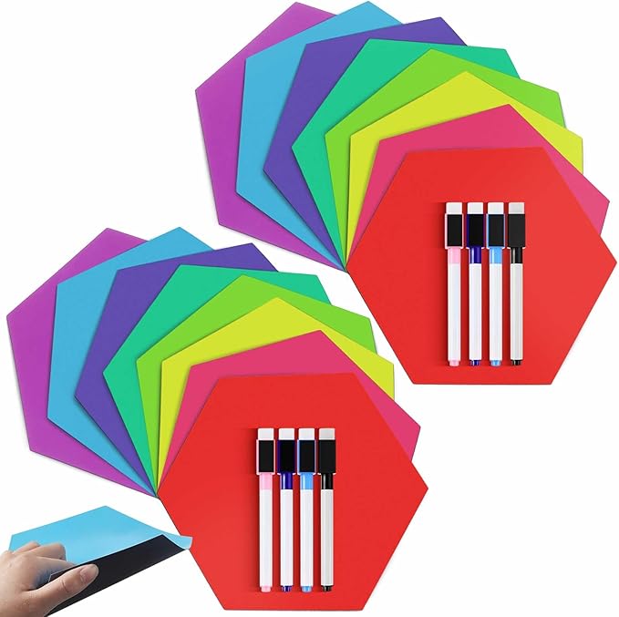 Gueevin 24 Pcs Hexagon Shape Magnetic Dry Erase Board Set 16 Hexagon Small Erase Board Magnet with 8 Dry Marker for Teachers Students, School Classroom Activity Planning, Rainbow Colors