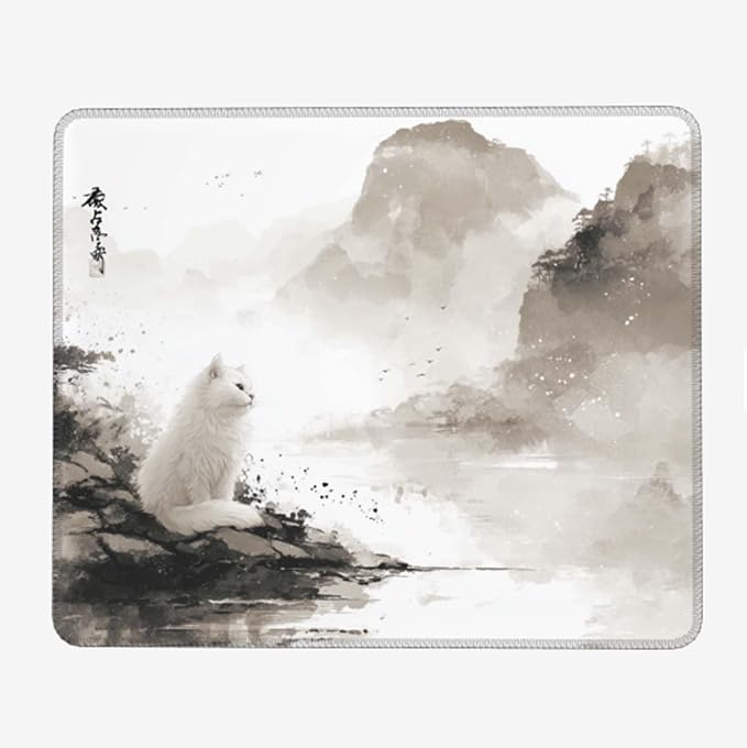 Voltique Mouse Pad Small Desk Mat, White Cat Computer Mousepad with Stitched Edges Non-Slip, Keyboard Mouse Pad for Desktop Office Desk Accessories