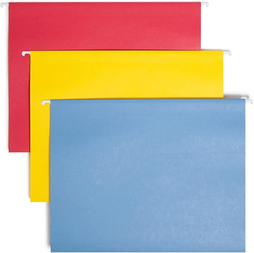 Smead TUFF Hanging File Folder with Easy Slide Tab, 1/3-Cut Sliding Tab, Letter Size, Assorted Primary Colors, 15 per Box (64040, Rod Color May Vary)