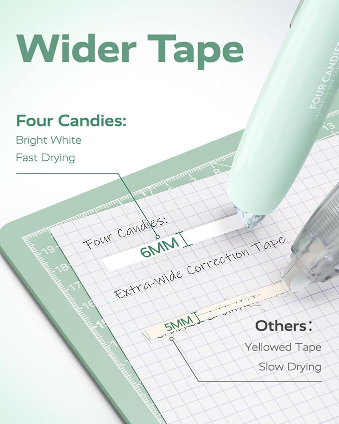 Four Candies Refillable Retractable White Correction Tape, 4PCS Smooth White Pull-Out Tape with 4 Extra Refills, Easy to Use Applicator for Instant Corrections for Office, School Supplies (Green)
