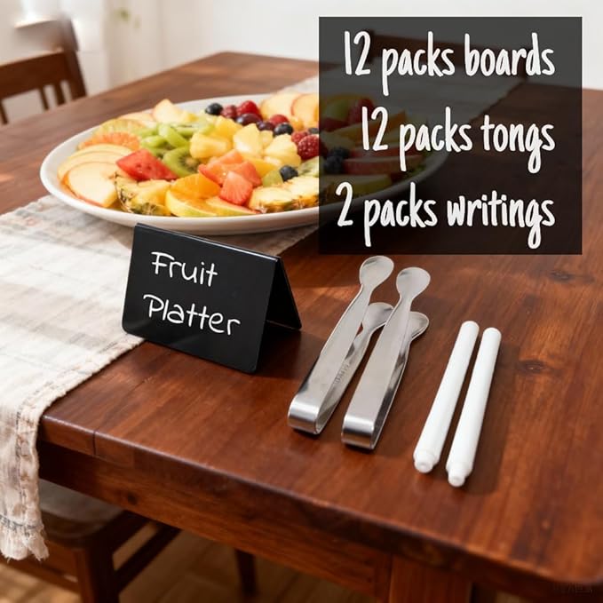 Mini Chalkboard Signs for Food, Mini Serving Tongs, 24-Piece Buffet Display Set with Erasable Pens for Wedding, Party, Charcuterie Catering Supplies