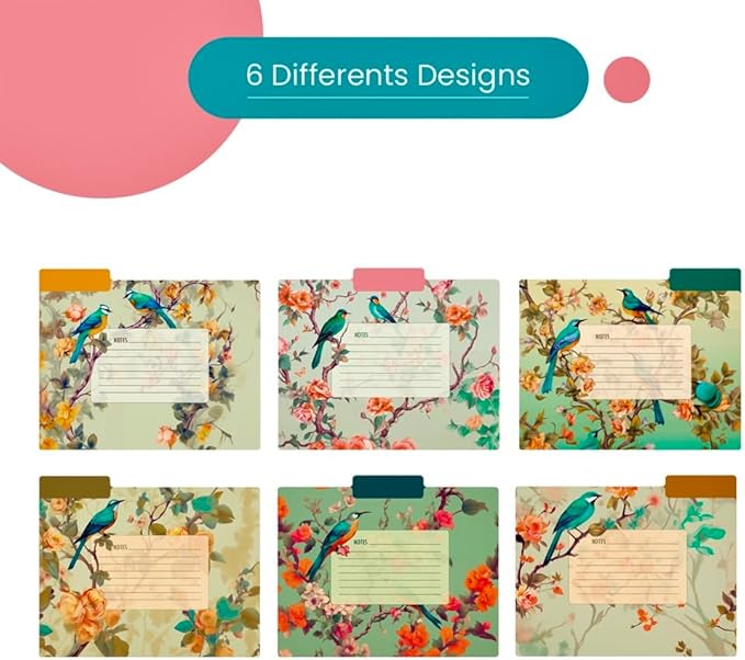 12pcs Decorative File Folders Birds Desing Letter Size, with Notes, Cute Folders with Floral Branches,1/3 Cut Tab, Matte Paper Archival Colored