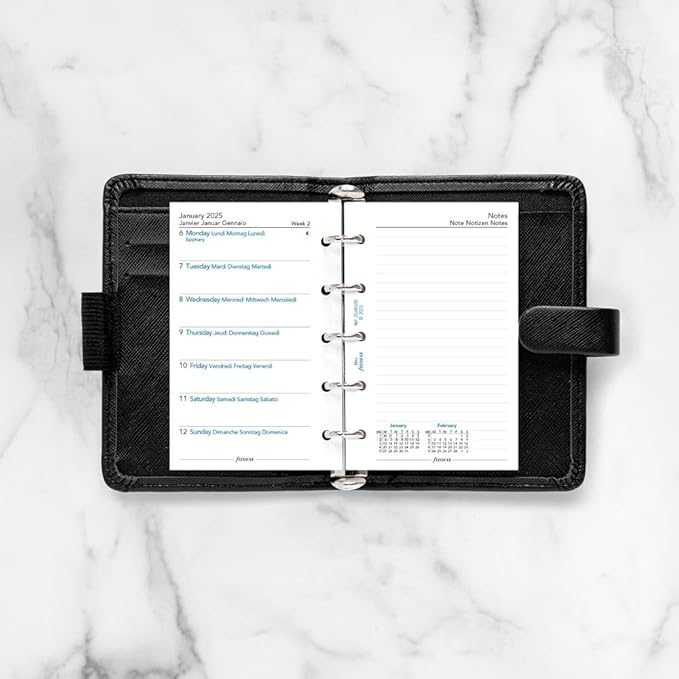 Filofax Calendar Diary Refill, Mini Size, Week on One Page with Notes, White Paper, Unruled, Multilingual: Four Languages, 2026 (C68109-26)