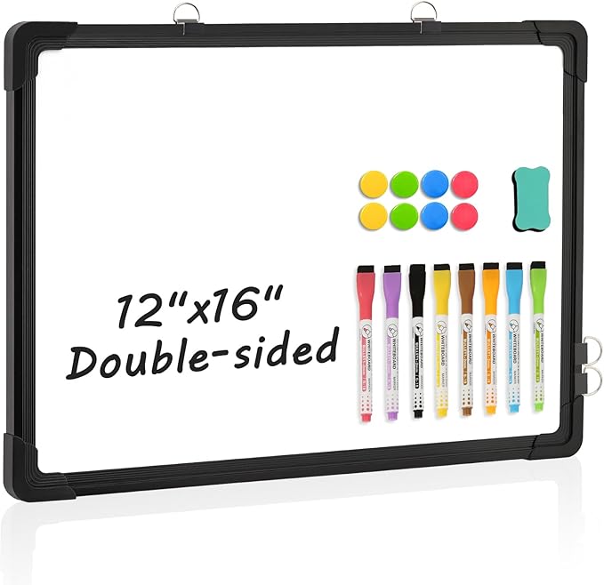 Double-Sided White Board, 16" x 12" Black Dry Erase Board Small Whiteboard for Wall Magnetic Hanging White Board Dry Erase for College Dorm Room, School, Home, Office