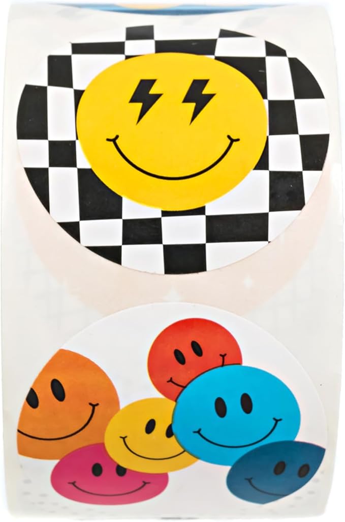 Retro Smiley Face Stickers / 500 Colorful Round Labels Roll / 1.5" Circle Happy Face Sticker / 8 Nostalgic Y2K Bright Designs/Made in The USA