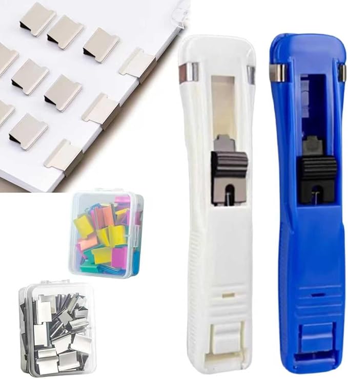 Portable Binder Clip Stapler - Includes 50 Reusable Clips Desktop Push Stapler Binder Clip Paper Clamps Handheld Reusable Push Paper Dispenser for Document School Office (2PCS D)