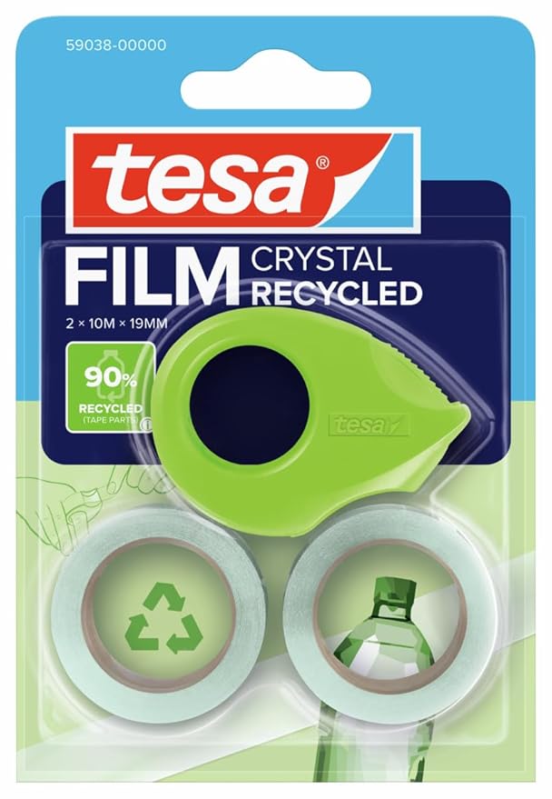 tesafilm Eco and Crystal - Adhesive Tape - Transparent, Strong Hold and Tear-Resistant - Made from Reprocessed PET Material - Comes with a Mini Tape Dispenser- 2 Refill Rolls, 10m x 19mm