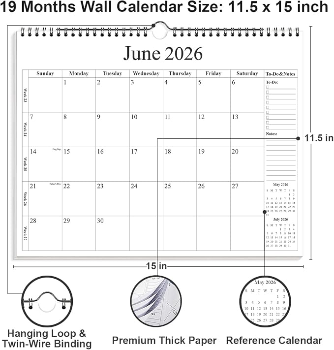 2026-2027 Calendar - Wall Calendar 2026-2027 from June 2026 - December 2027, 19 Months Calendar with Premium Paper, Twin-Wire Binding & Hanging Hook, 12" x 14.5", Black