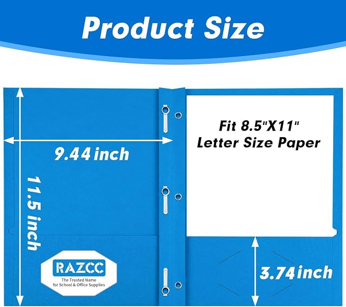 Two Pocket Folders, RAZCC 100 Pack Two Pocket with Prongs, 3 Prong Folders Fit Letter Size Paper, Pocket Paper File Folders for School Office Home Business, Assorted 5 Colors
