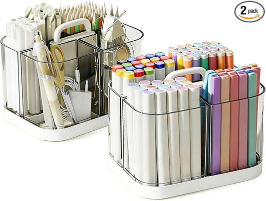 2 Pack Small Plastic Portable Caddy with Handle, Stackable Pen Holder 4 Compartments, Clear Pencil Organizer for Art Supplies, Crafts, Colored Pencils, Stationery, Markers