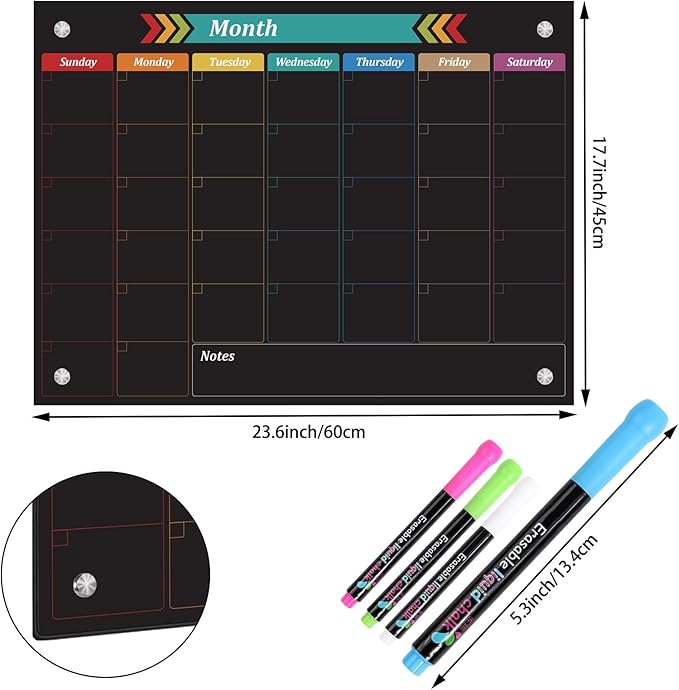 Glass Dry Erase Whiteboard, Color Monthly Calendar Whiteboard, 18" x 24",Frameless Glass White Board for Home, School, Office, Black Surface(BoLi-Color-4560)