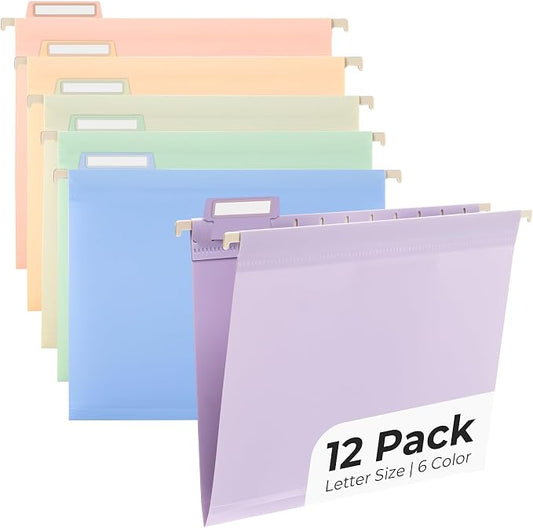 Y YOMA Plastic Hanging File Folders, Letter Size, 1” Expansion, 12 Pack Reinforced Hanging Folders with Tabs Transparent Waterproof for Filing Cabinet Bulky Files Home Office, Dopamine Color