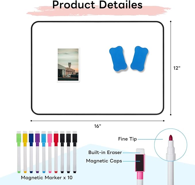 Iron Surface Dry Erase Board, 2 Pack A3 Double Sided – Magnetic-Receptive Whiteboard for Magnets – 16"x12" Small Portable White Boards with 10 Pens & 2 Erasers for Home Office Classroom