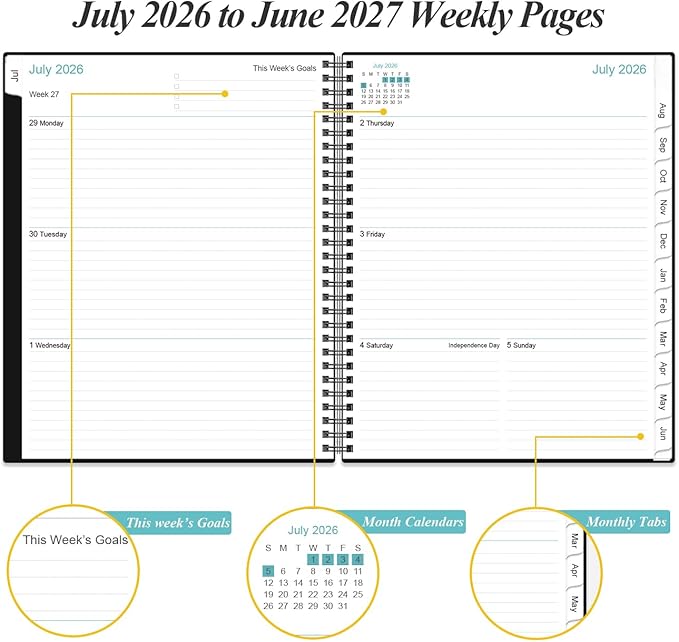 2026-2027 Planner - Planner 2026-2027 from July 2026 to June 2027 with 12 Monthly Tabs, Flexible Cover, Inner Pocket, 8.5" x 11", Black-C