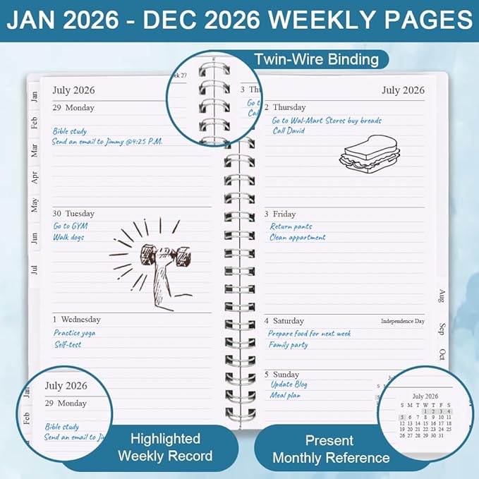 2026 Pocket Planner/Calendar - A6 Weekly & Monthly Organizer Notebook & Journal to Track Goals, Easy to Organize Your Daily Life, Medium 3.75" x 6.75", Blue Watercolor