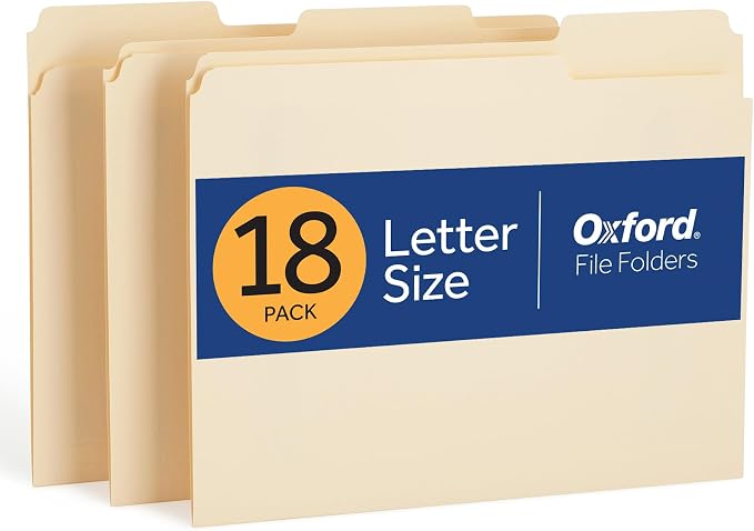 Oxford File Folders, 18 Pack, Letter Size (8.5" x 11"), 3 Tabs, Durable Manila Paper, for School, Office & Home Document Organization