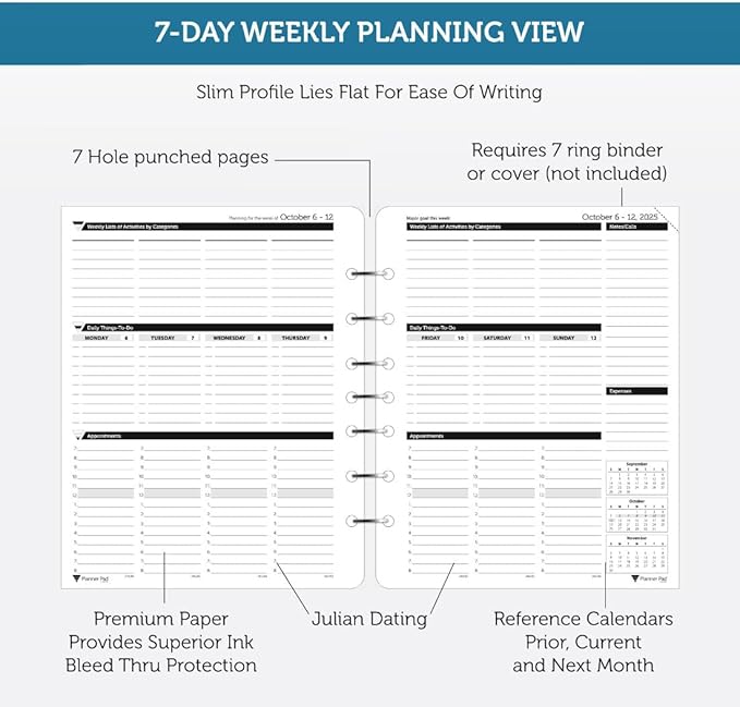 Planner Pad 7 Hole Loose Leaf 3-Tier Funnel Down 12 Month Organizer, October 2025 – September 2026, 6 3/4" x 8 1/2"