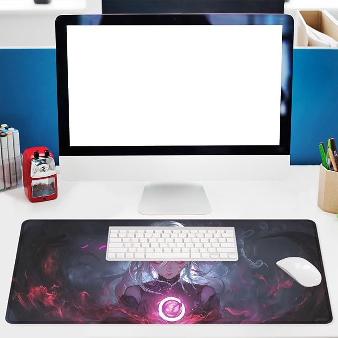 Dark Anime Desk Pad Mouse Pad White Hair Demon Girl Magic Extended Mousepad Mat with Stitched Edge Non-Slip Base Big Mousepad Office Computer Keyboard 31.5"x11.8"