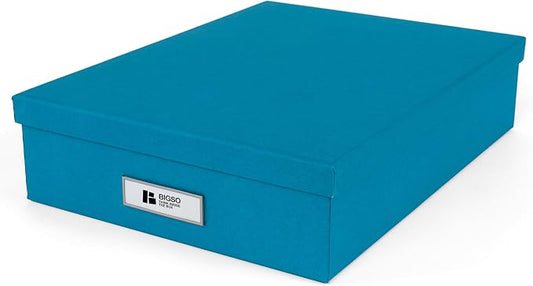 Bigso Oskar Fiberboard Label Frame Document Letter Box - File Organizer Box for Important Paperwork - Document Storage with a Lid & Metal Label Window - 3.3 in x 10.2 in x 13.8 in - Turquoise