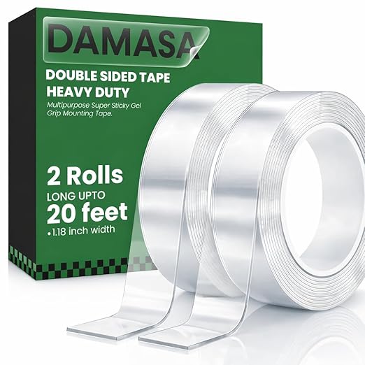 Heavy Duty Double Sided Tape 2 Rolls – 240" x 1.18" Clear Removable Nano Mounting Tape for Poster, Carpet, Rug, Picture Hanging & DIY – Strong Adhesive Multipurpose Two Stick Sided Tape 20 Feet