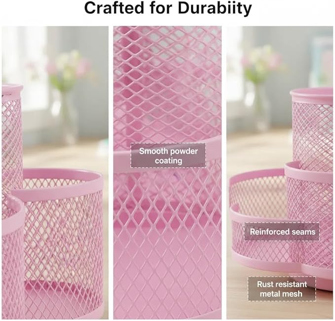 Grid Desktop Storage Box, 7-Compartment Individual Storage Boxes, Rotatable, Metal Material, 6.89 inches wide, 3.94 inches high (Pink)