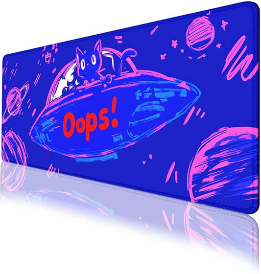 Cute Space Desk Pad Mouse Pad Cosmic Cat Neon Cartoon Extended Gaming Mousepad Mat with Stitched Edge Non-Slip Base Big Mousepad Office Home Decor for Women Girl 31.5"x11.8"