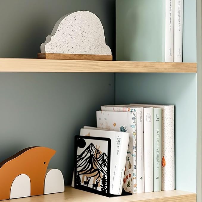 Metal Bookends for Shelves, Mountain and Deer Decorative Book Ends for Heavy Books, Book Stopper Decorative Books, Bookends to Hold Literature for Home Office School Bookshelf Decor