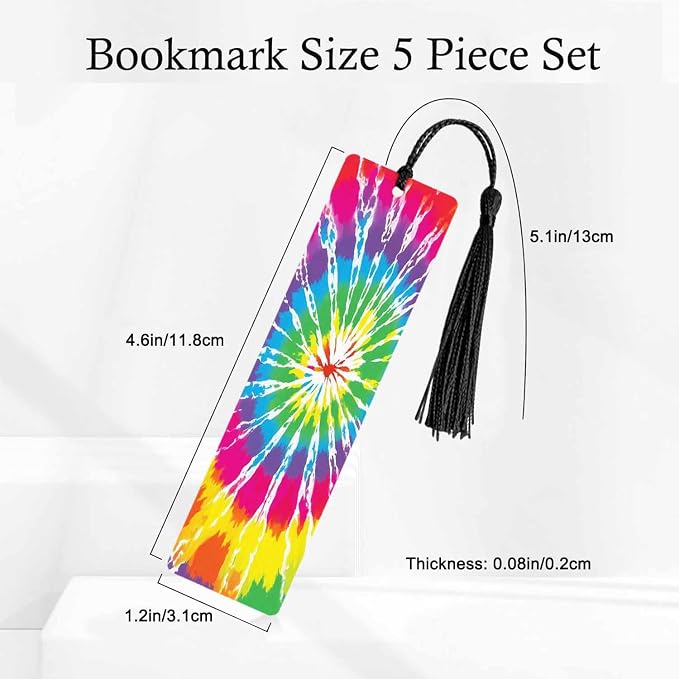 Tie Dye Bookmarks Set 5 with Tassels Rainbow Rendering Wooden Bookmarks for Reading Women Men Students Teachers School Supplies