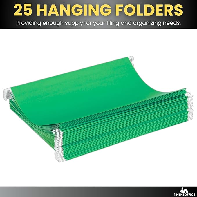 1InTheOffice Green Hanging File Folders, Letter Size Adjustable Tabs, 1/5 Tabs, 11 pt, 25 Pack