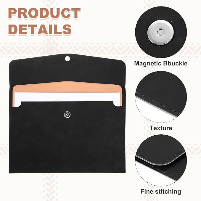 PATIKIL 2Pcs PU Leather File Folders, 13x9 A4 Document Holder Waterproof Envelope Folder with Snap Closure, Portable Portfolio Organizer Case for Paper Receipt, Black