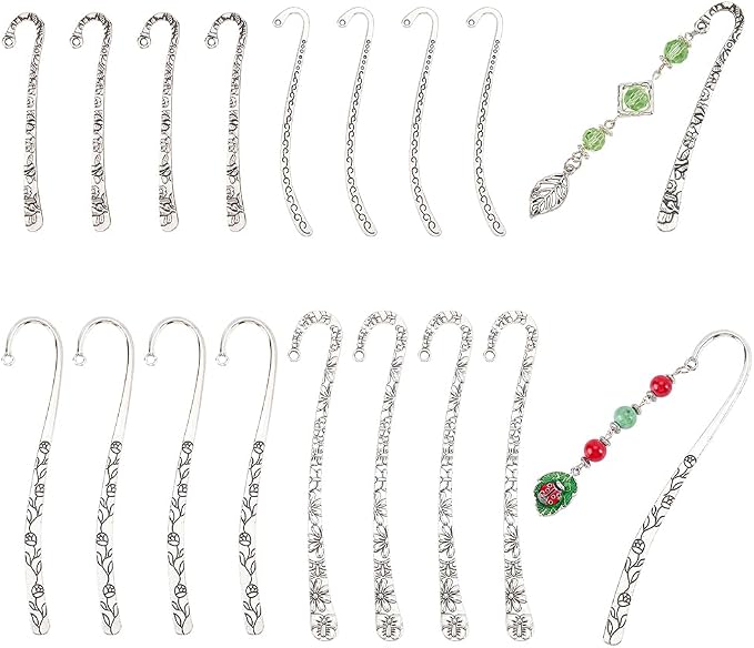 20Pcs Metal Bookmark s Antique Vintage Silver Metal Bookmark Hairpin with Hole Tibetan Carving Pattern Alloy Book Markers Jewelry Making Charms for Stationery Reading Enthusiasts