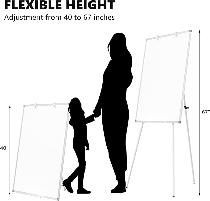 Large Whiteboard Easel with Stand, 40" x 28" Portable Standing Magnetic Dry Erase White Board, Tripod Height Adjustable Flip Chart Easel for Home Office Classroom School, Silver