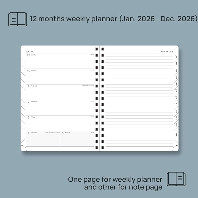 POPRUN 2026 Planner Weekly Notebook (Jan-Dec), Medium 8.5''x 6.5'' - Agenda 2026 Calendar Book with Monthly Tabs, Inner Pocket, Spiral Soft Cover, 100 GSM - Brown