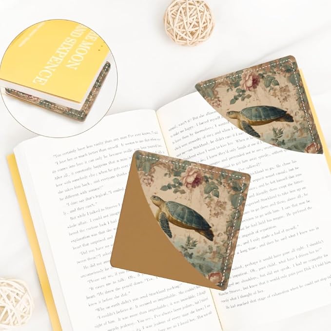 2PCS PU Leather Bookmarks 3.5x3.5 Inch Turtle Floral Garden Design | PU leather bookmarks for books with turtle floral garden design for nature journals, reading clubs and animal lovers.